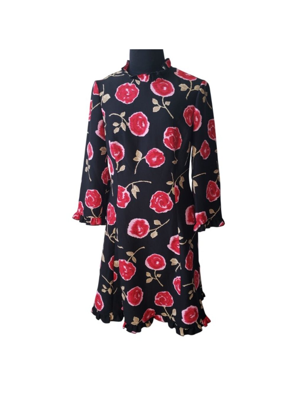 Kate Spade Black Pink Rose Floral Midi Ruffle Hem Dress Modest Career Feminine - Picture 3 of 14